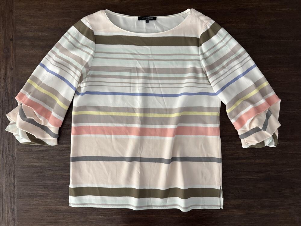 Lafayette 148 Blouse Womens Small Striped Ruffle Sleeve Top Office Preppy